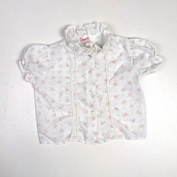 Vtg 80s Hickory Dickory Blouse Baby Girls Sz 12-18m White Floral Ruffle Dainty - Picture 1 of 4